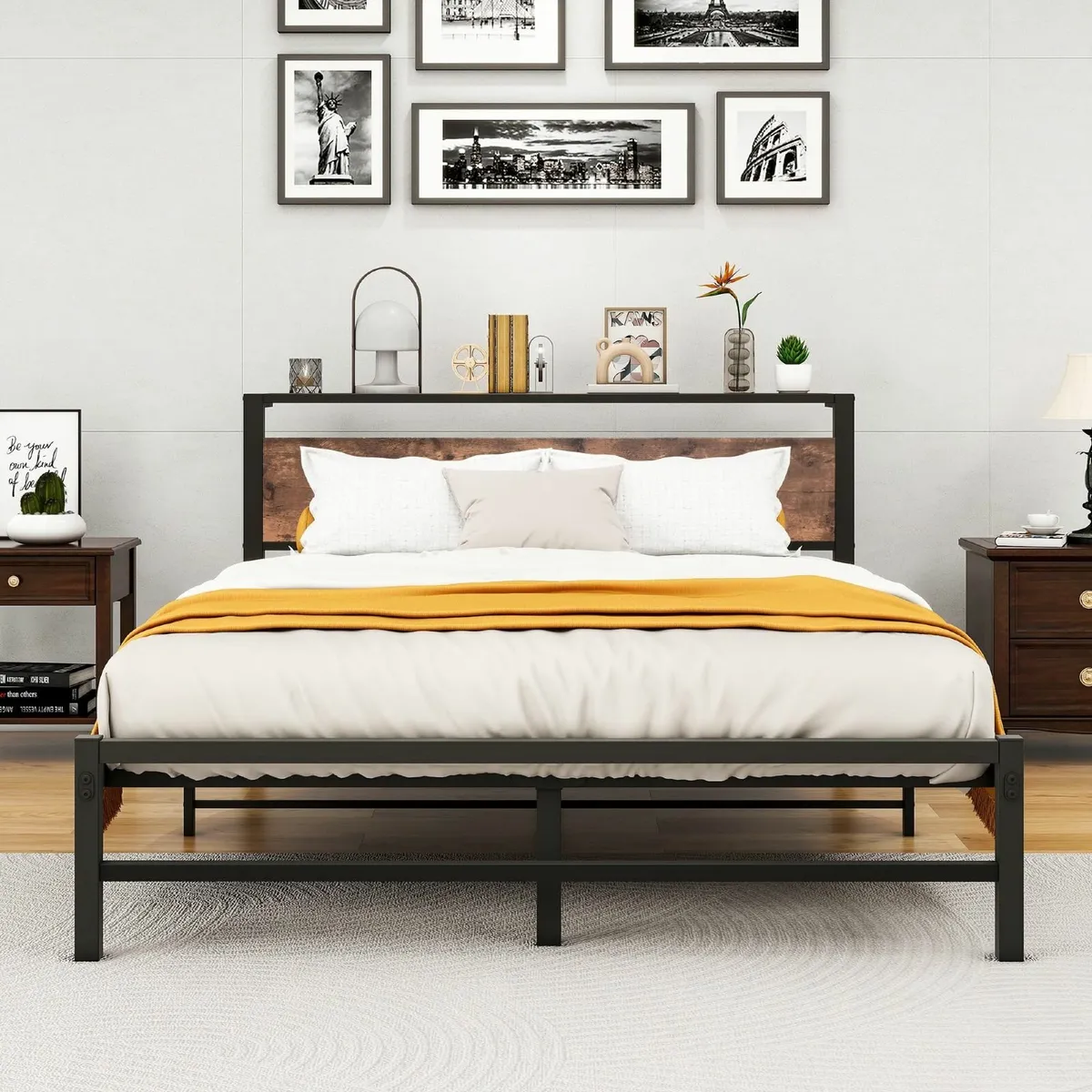 King Size bed frame With Wood Storage Headboard - Image 1