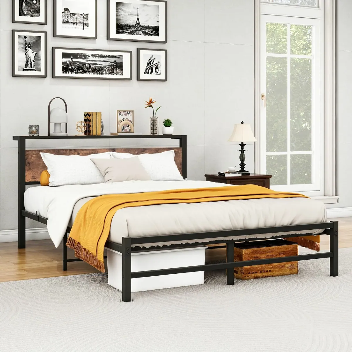 King Size bed frame With Wood Storage Headboard - Image 4
