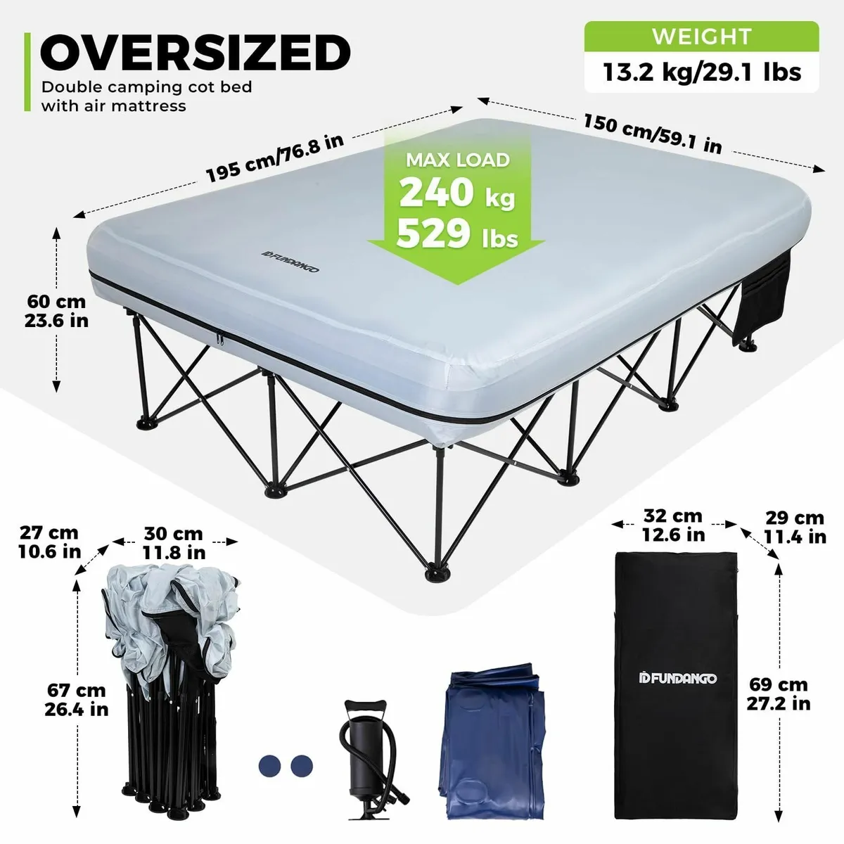 Double Camping Bed with Inflatable Air Mattress - Image 2