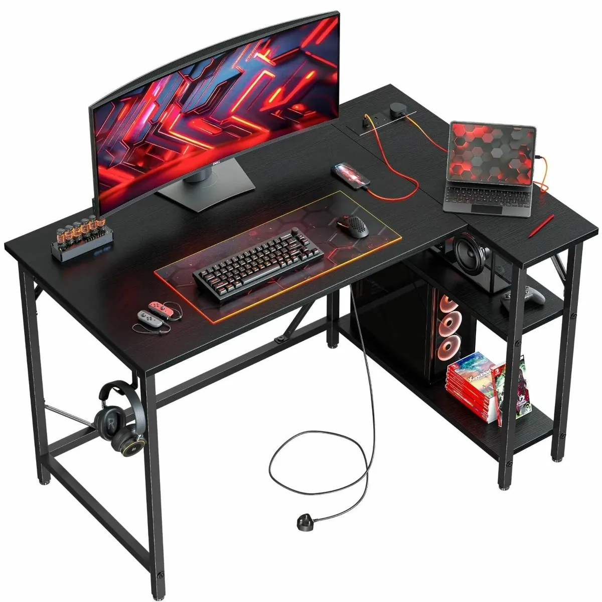 L Shaped Gaming Desk with Power Outlets 100x70cm - Image 1