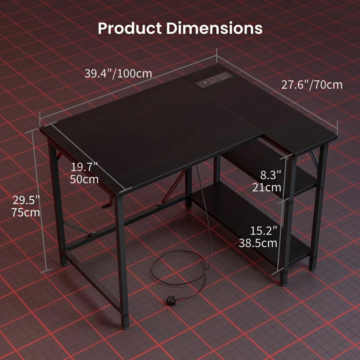 L Shaped Gaming Desk with Power Outlets 100x70cm - Image 3