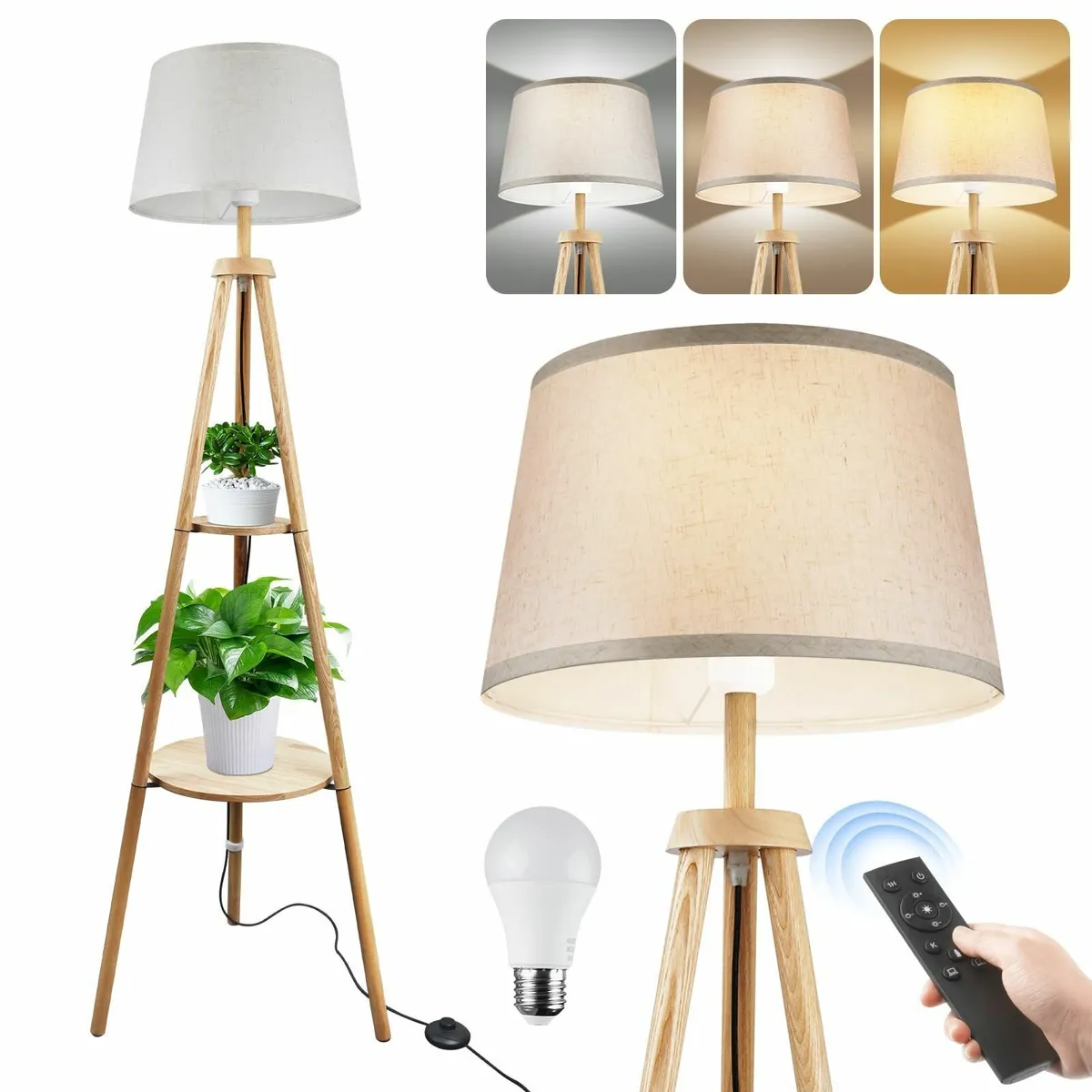 Wood Tripod Floor Lamp with Shelves Bulb Included - Image 1