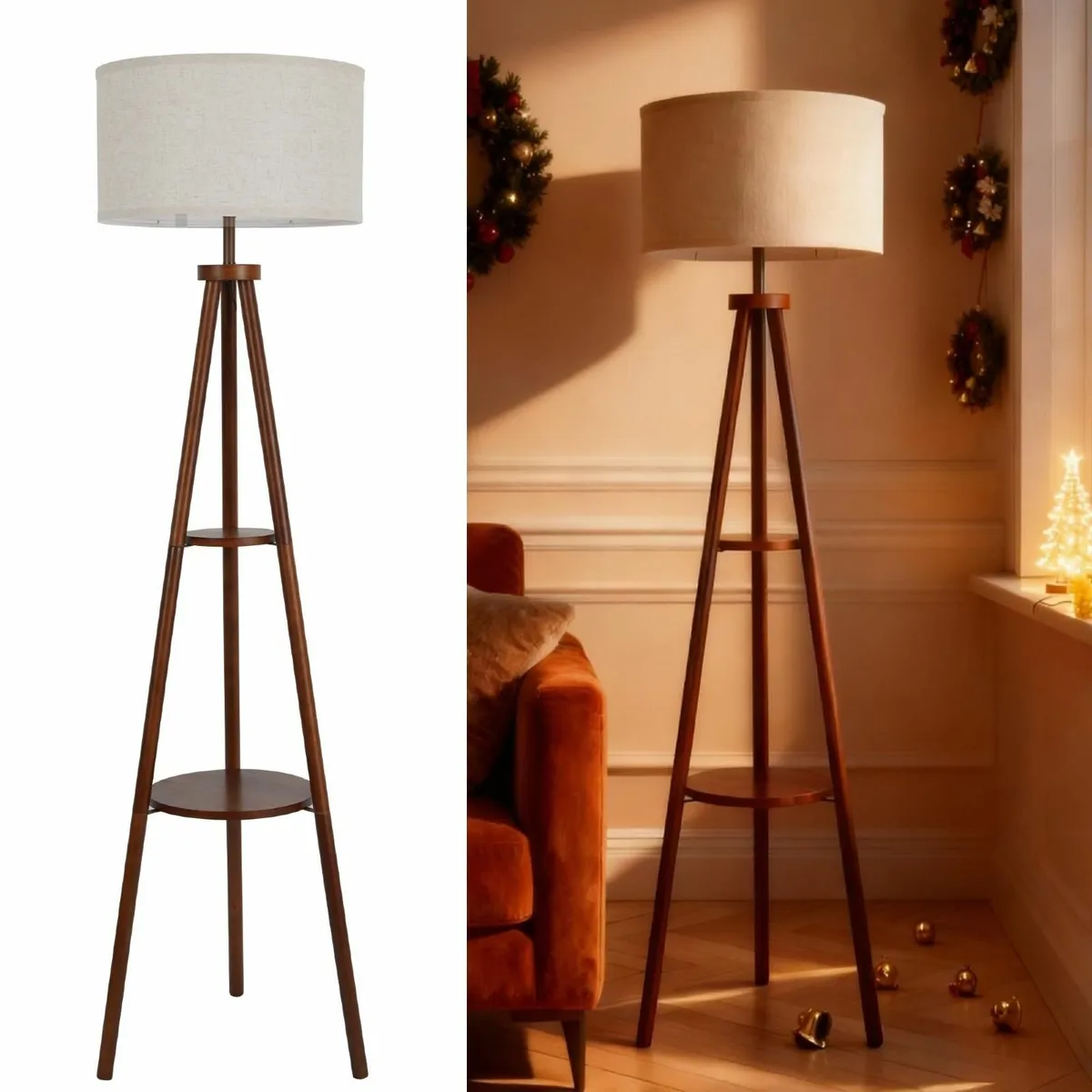 Tripod Floor Lamp with Linen Lampshade 2-Tier - Image 1