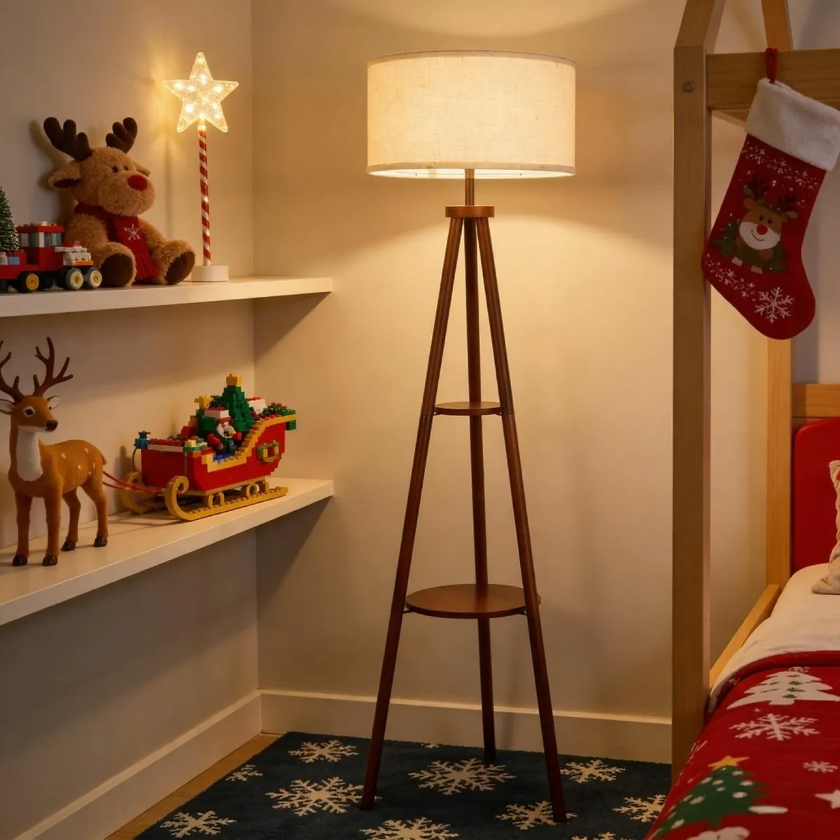 Tripod Floor Lamp with Linen Lampshade 2-Tier - Image 2