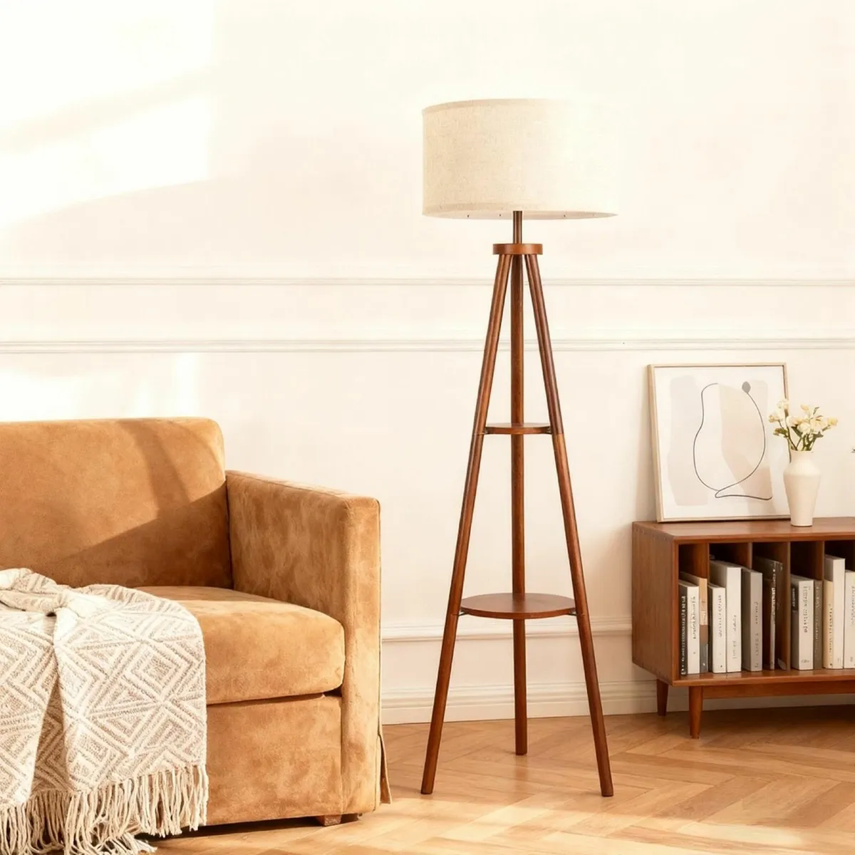 Tripod Floor Lamp with Linen Lampshade 2-Tier - Image 4