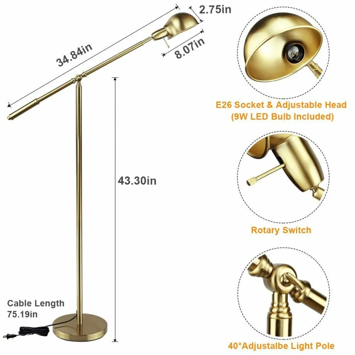 Metal Floor Lamp Adjustable Swing Arm Reading - Image 2
