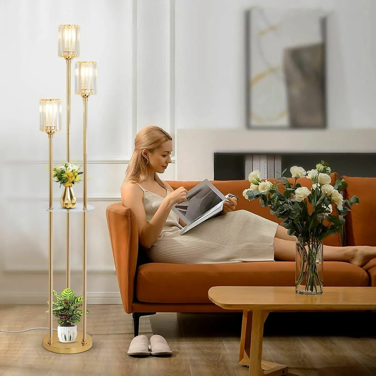 Modern Floor Lamp with Shelves 3-Lights Gold - Image 2