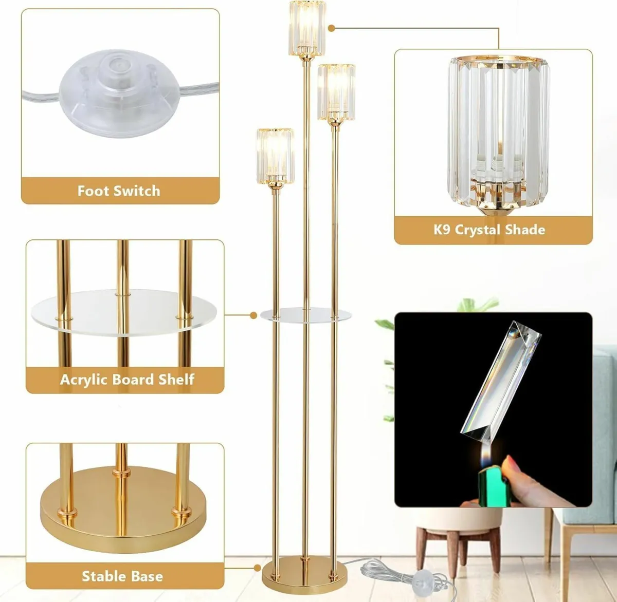 Modern Floor Lamp with Shelves 3-Lights Gold - Image 3