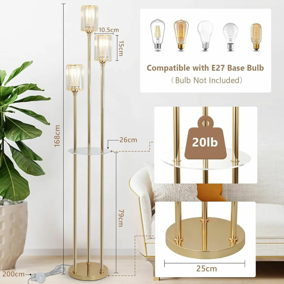 Modern Floor Lamp with Shelves 3-Lights Gold - Image 4