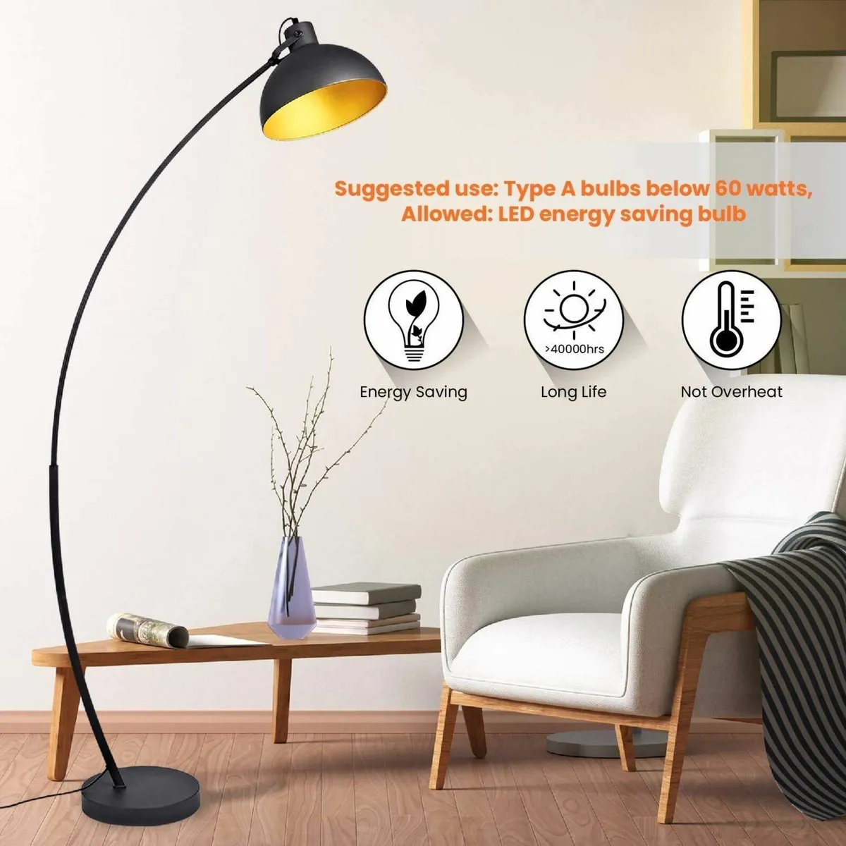 Floor lamp Vintage Arc Retro Lamps in Black-Golden - Image 2