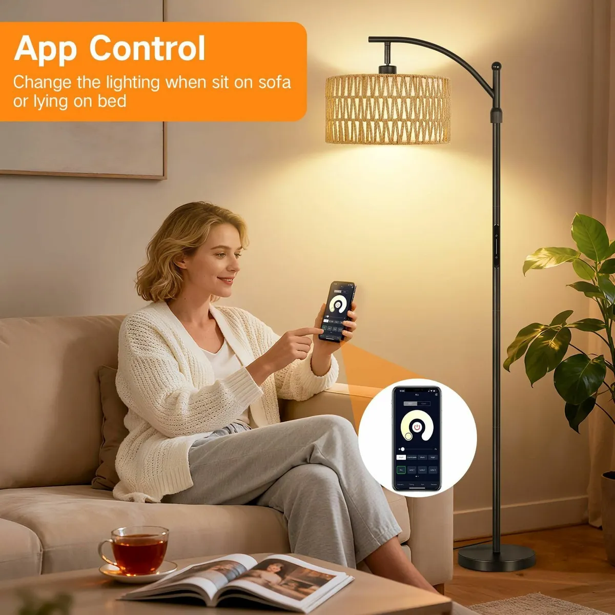 Floor Lamp with Rattan Linen Double Shades 12W - Image 2