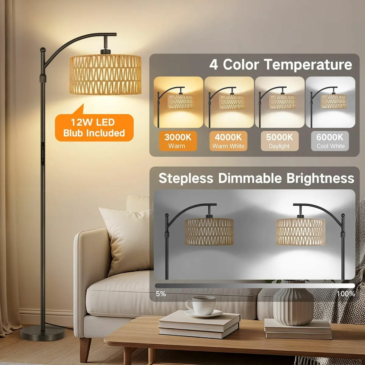 Floor Lamp with Rattan Linen Double Shades 12W - Image 3