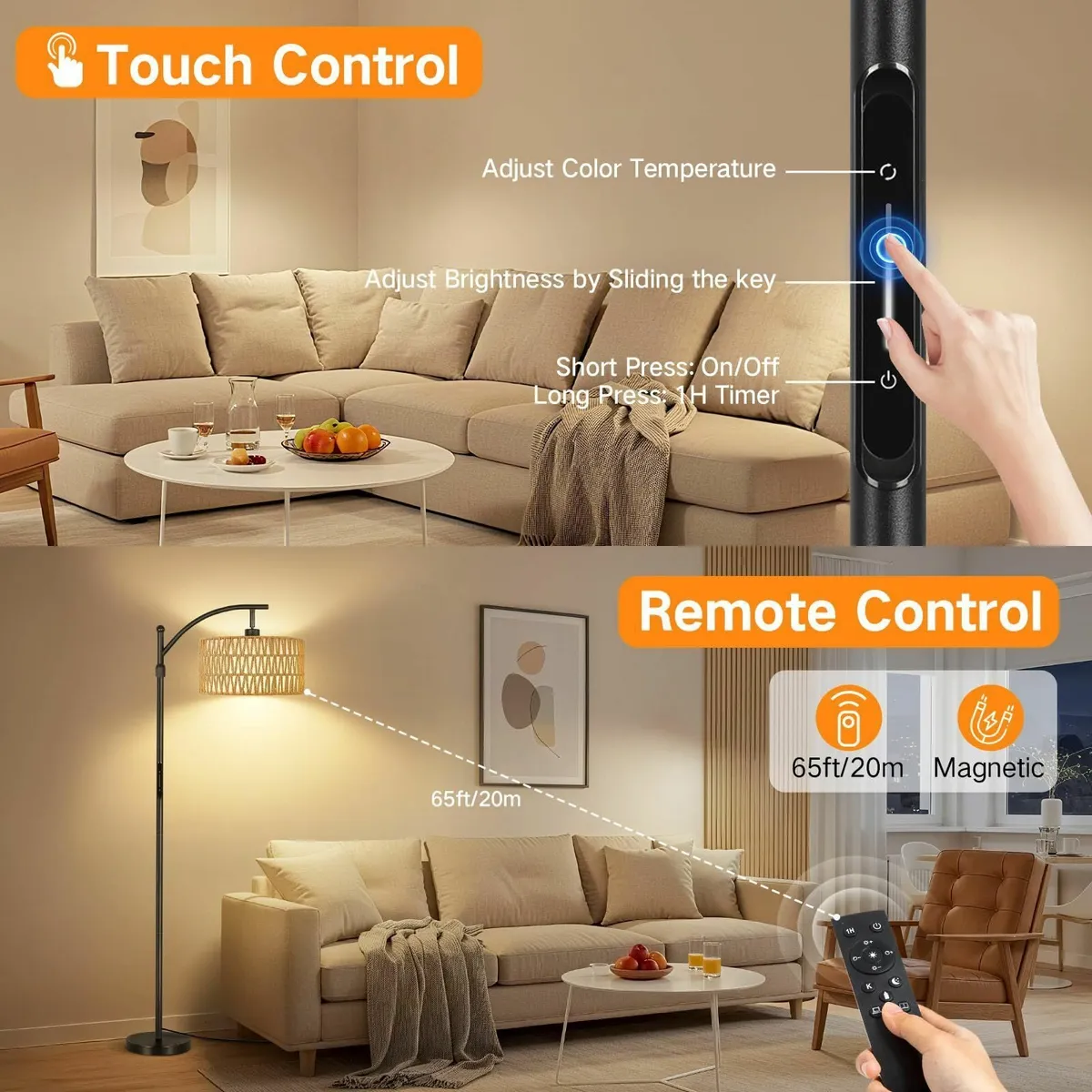 Floor Lamp with Rattan Linen Double Shades 12W - Image 4