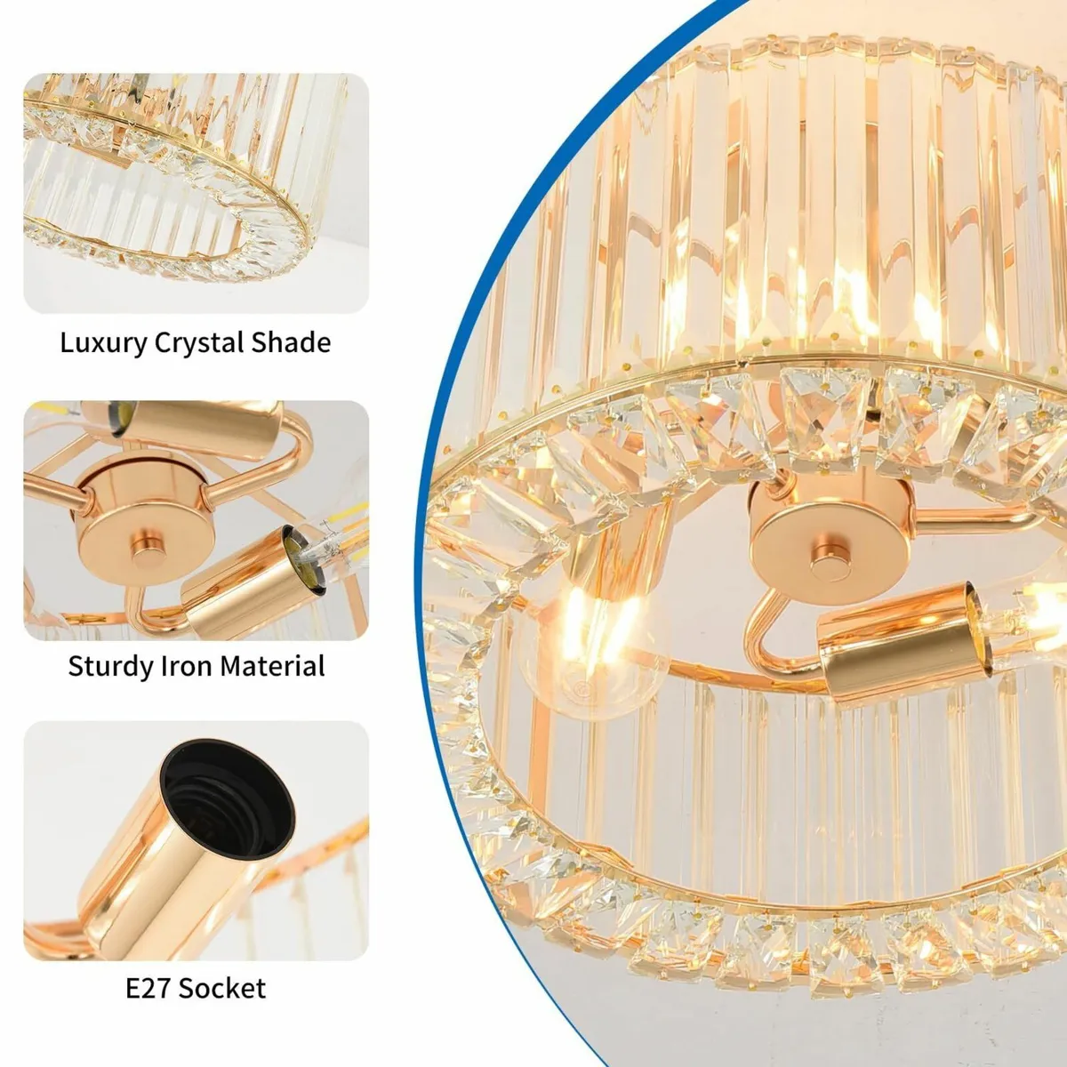 Gold Crystal Ceiling Lights 3-Light Modern LED - Image 4