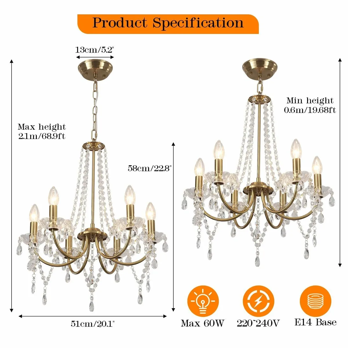 Crystal Chandeliers Ceiling Light 6 Lights Modern - Image 4