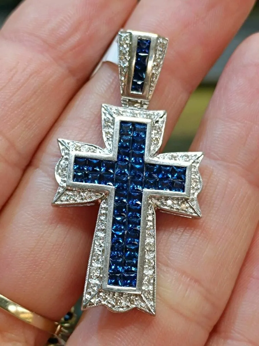 18k White Gold Sapphire & Diamond Cross Pendant - Image 2