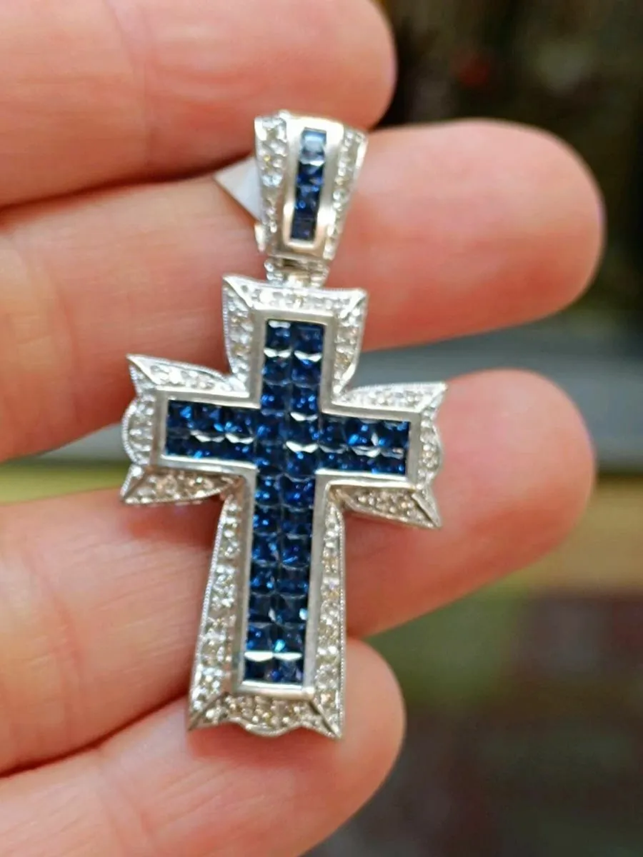18k White Gold Sapphire & Diamond Cross Pendant - Image 3