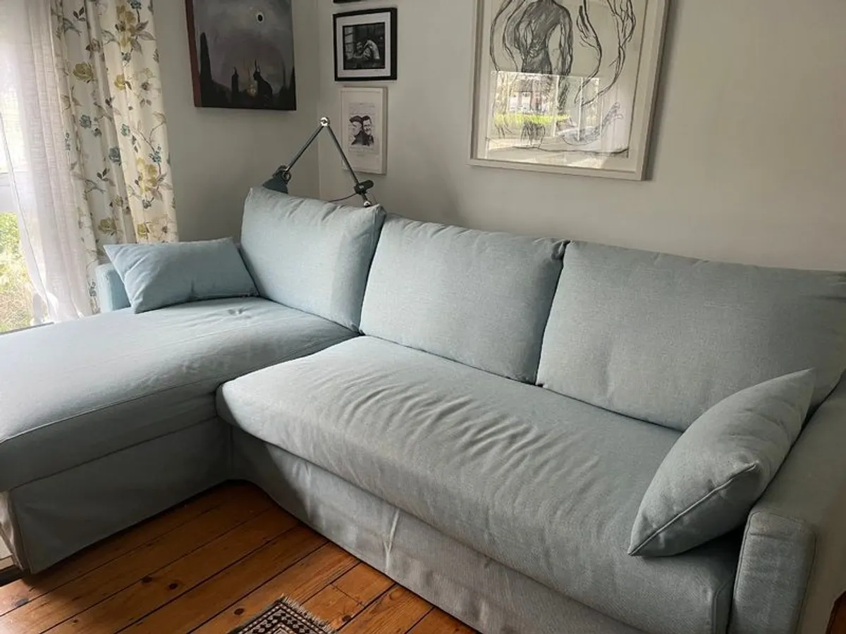Lovely pale v blue Ikea Hyltarp sofa with chaise longue and storage - Image 1