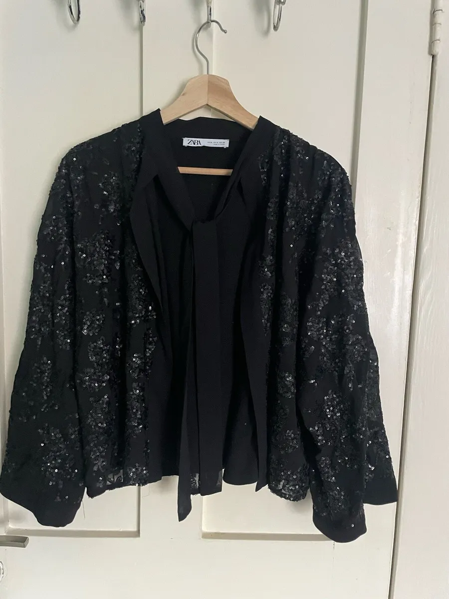 Zara Black Sequin Tie-Neck Cardigan/Jacket - Image 1