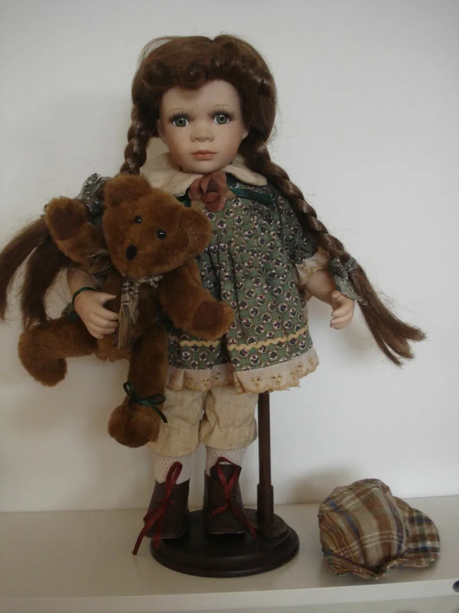 LARGE PORCELAIN DOLL WITH TEDDY.HAND PAINTED FACE. - Image 1