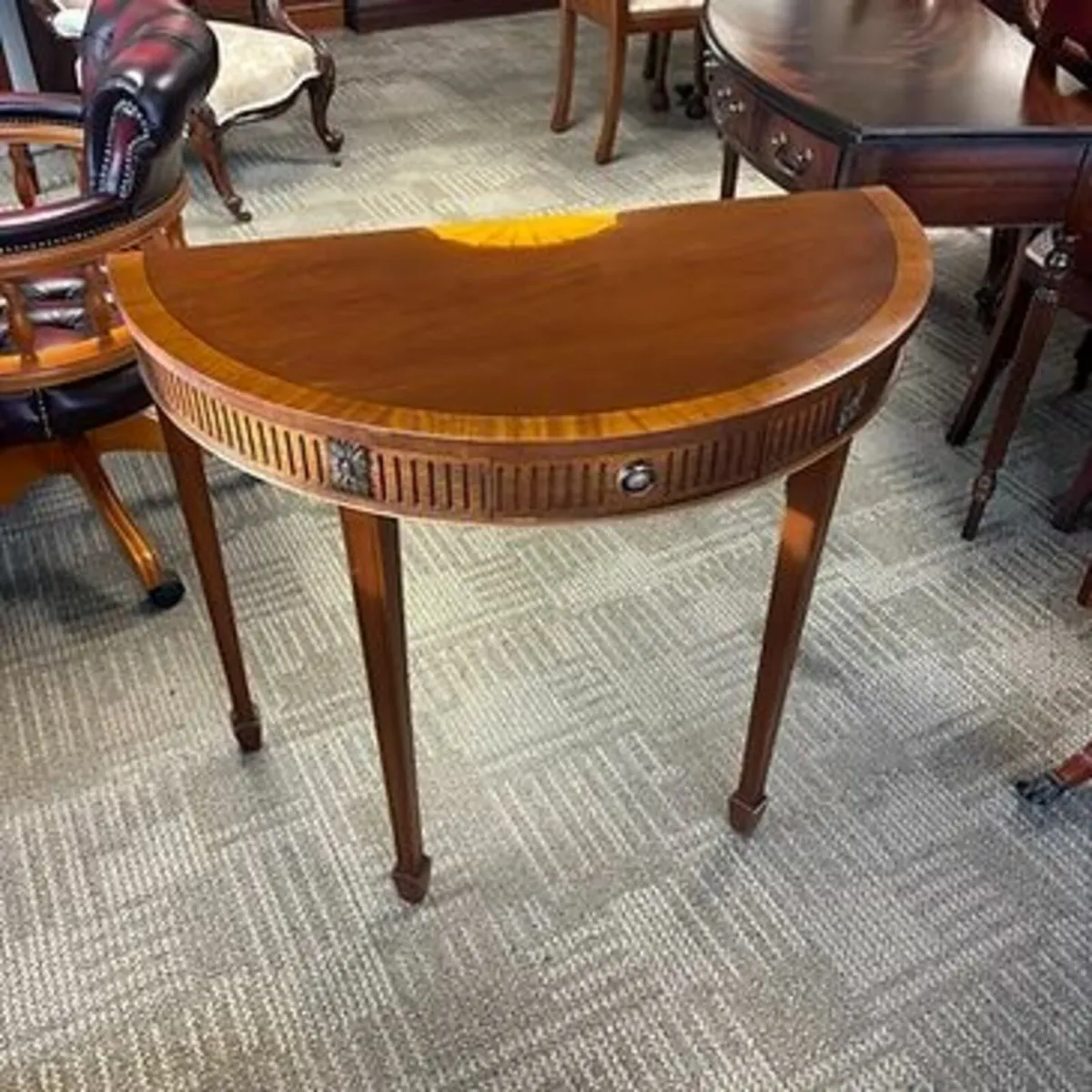 Ethan Allen demilune console table. Marquetry desi