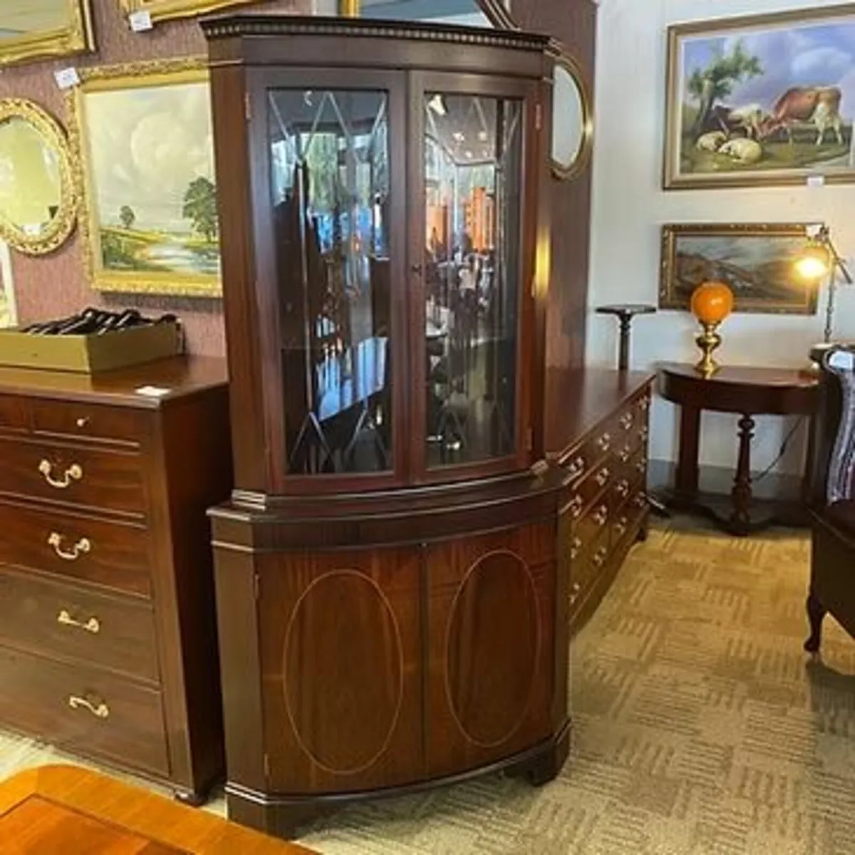 Fabulous inlaid mahogany bow fronted corner displa