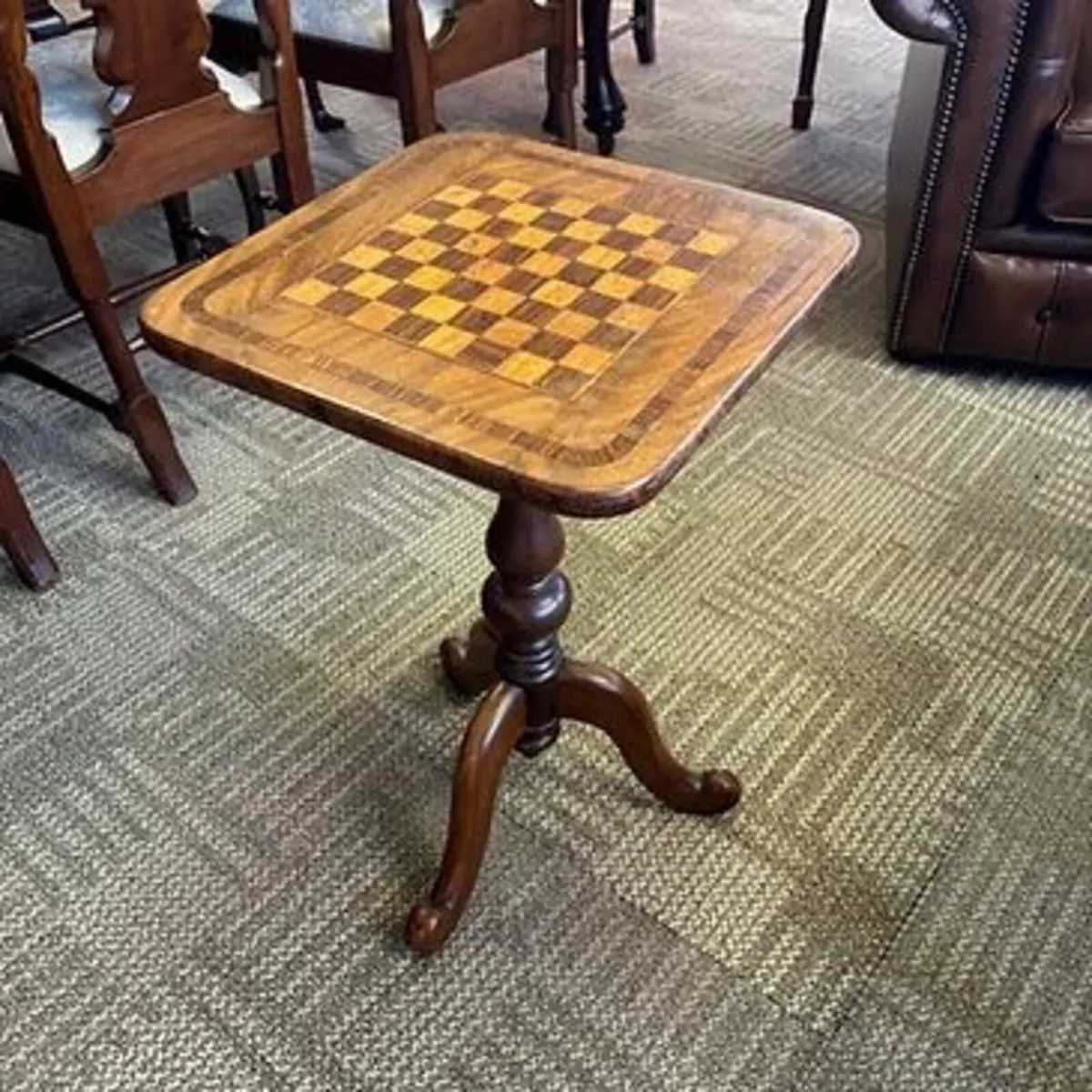 19th century inlaid mahogany tripod chess table. S