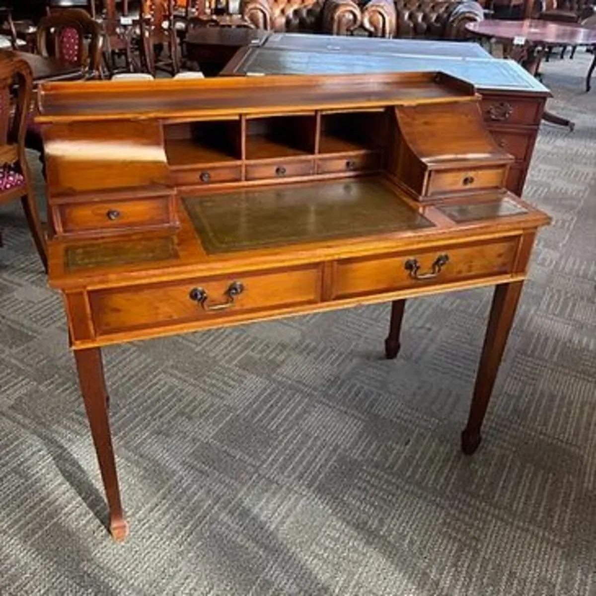 19th century style yew wood writing desk with gree