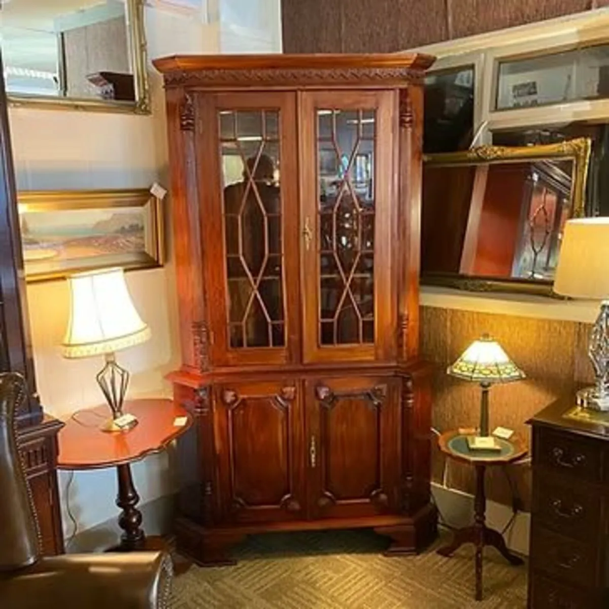 Fabulous solid mahogany carved display corner cabi