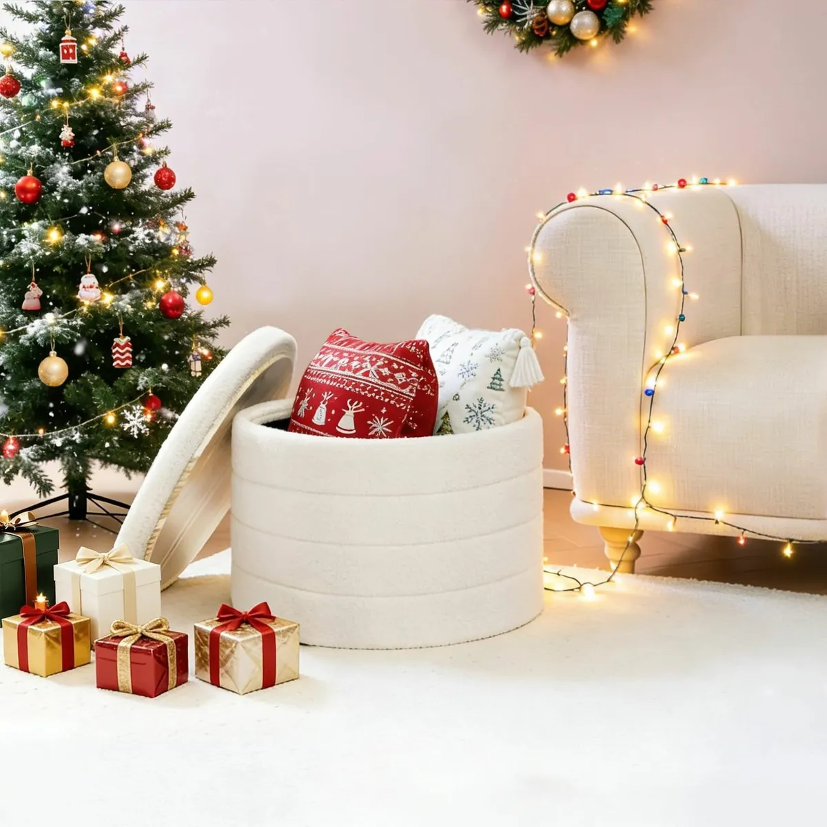 Large Round Ottoman with Storage Folding Boucle - Image 1