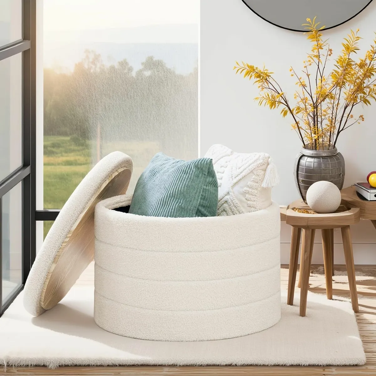 Large Round Ottoman with Storage Folding Boucle - Image 2