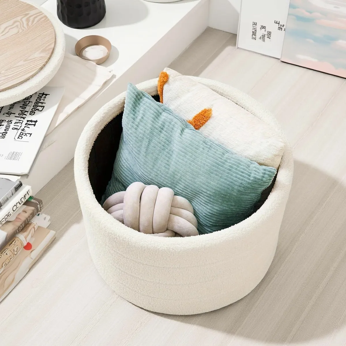 Large Round Ottoman with Storage Folding Boucle - Image 3