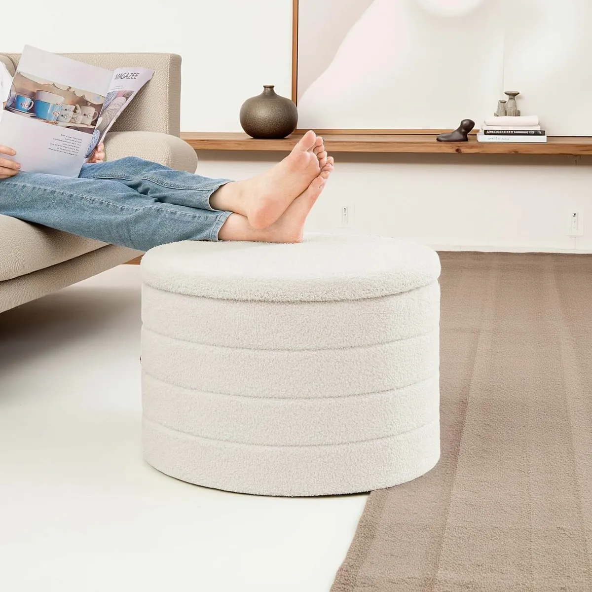 Large Round Ottoman with Storage Folding Boucle - Image 4