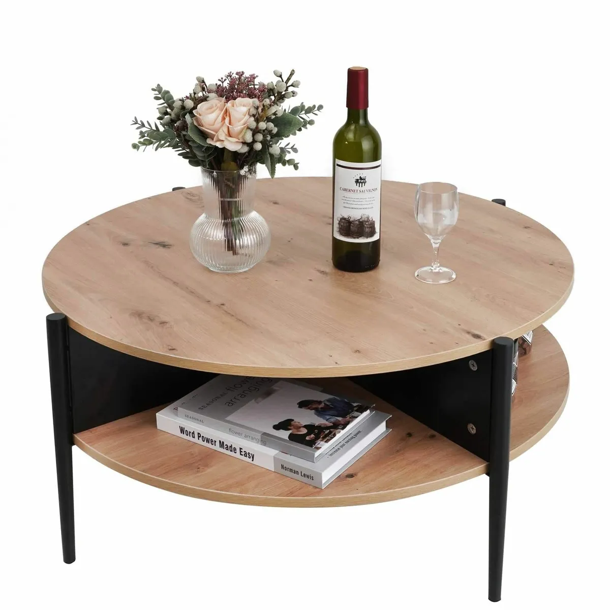 Wood Round Coffee Table with 2-Tier Storage - Image 1