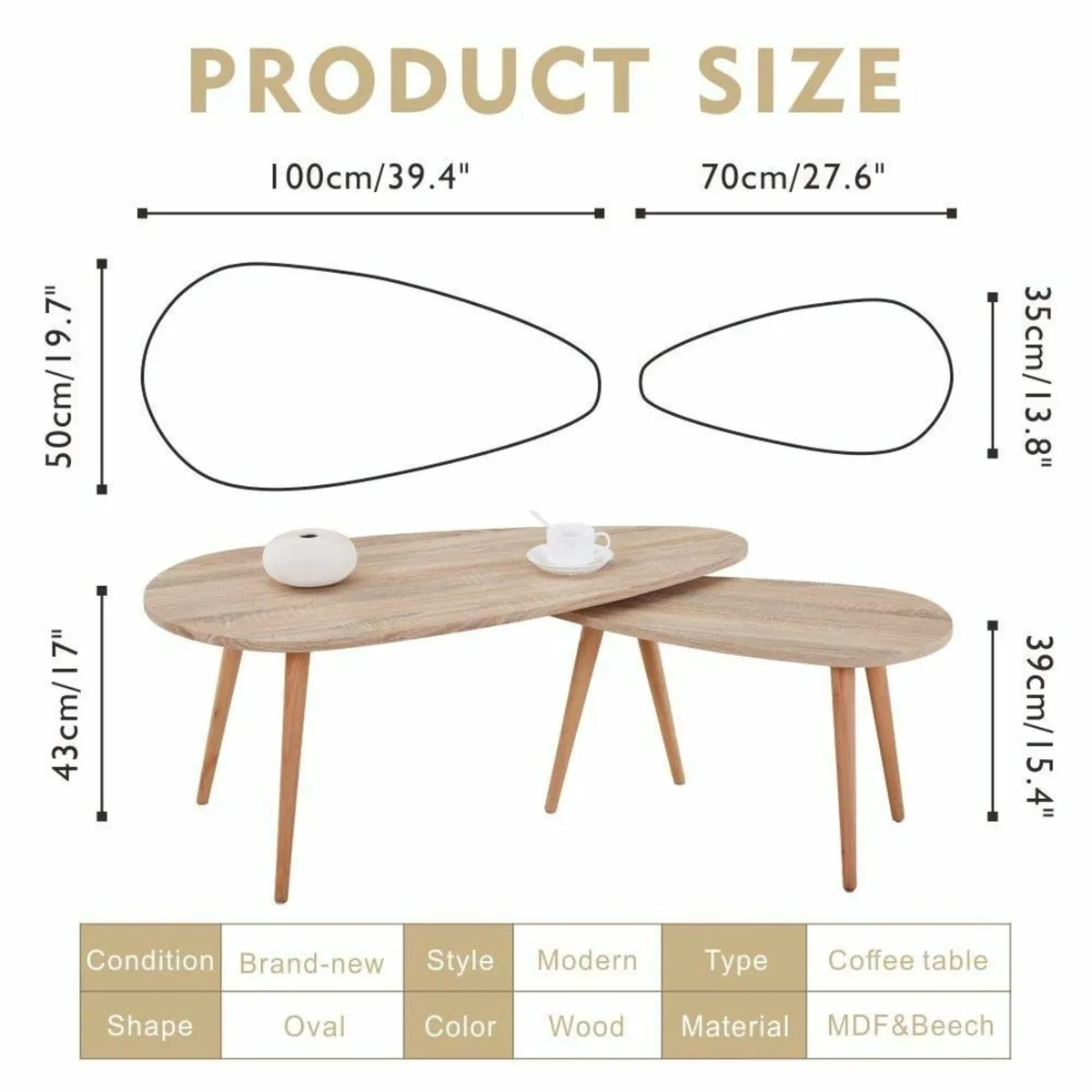 Triangle Solid Wood Coffee Table Set Nest of 2 - Image 2