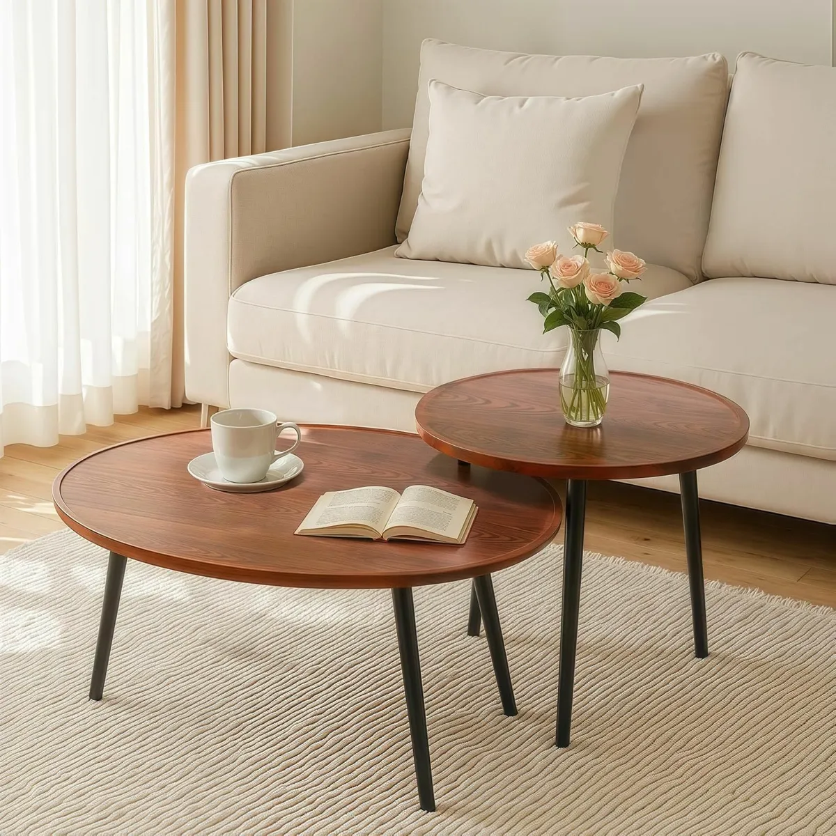 2 PCS Oval Wood Coffee Table 1 31.4 and Round - Image 1