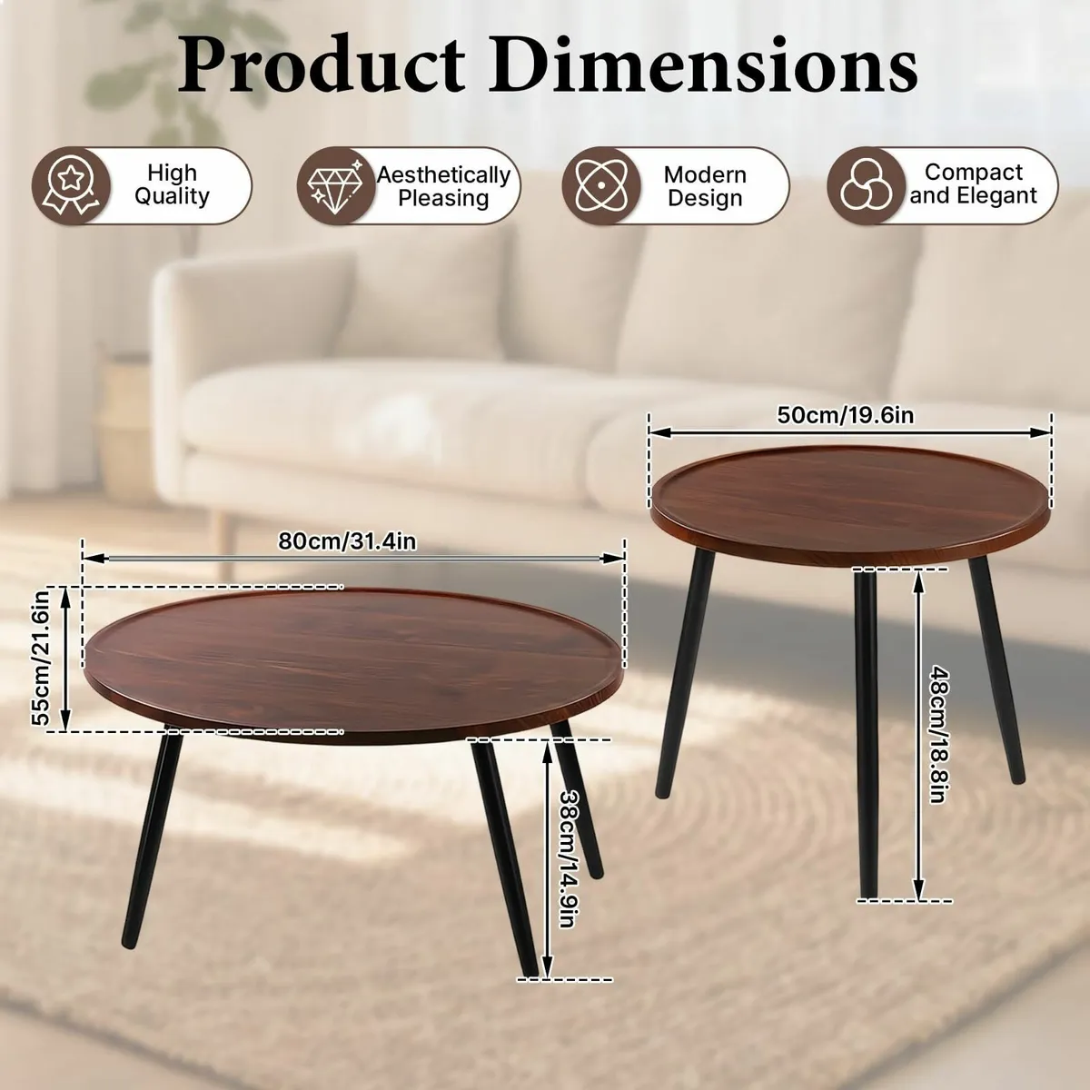 2 PCS Oval Wood Coffee Table 1 31.4 and Round - Image 2