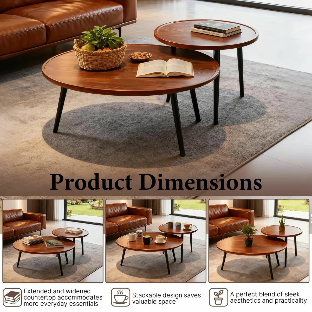 2 PCS Oval Wood Coffee Table 1 31.4 and Round - Image 3