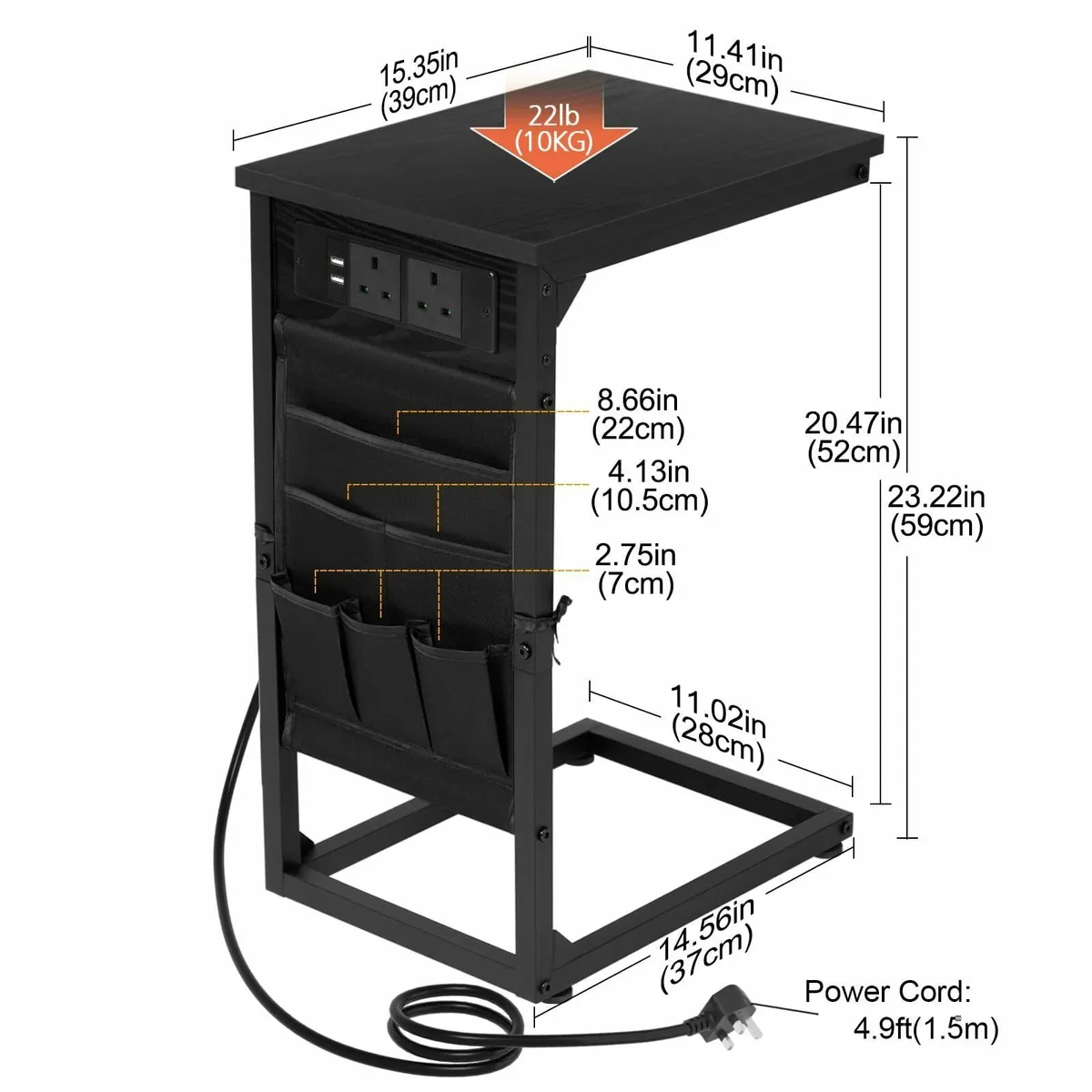C-Shaped Side Table with Charging Station 2 USB - Image 3