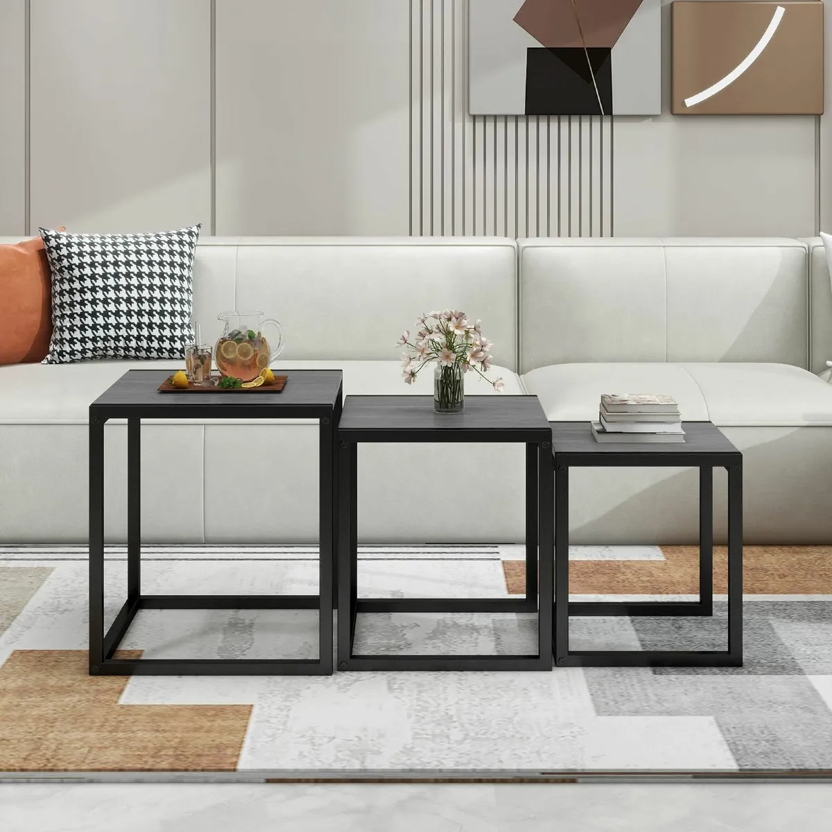 Nesting Table Set of 3 Side Wooden Tables Square - Image 1