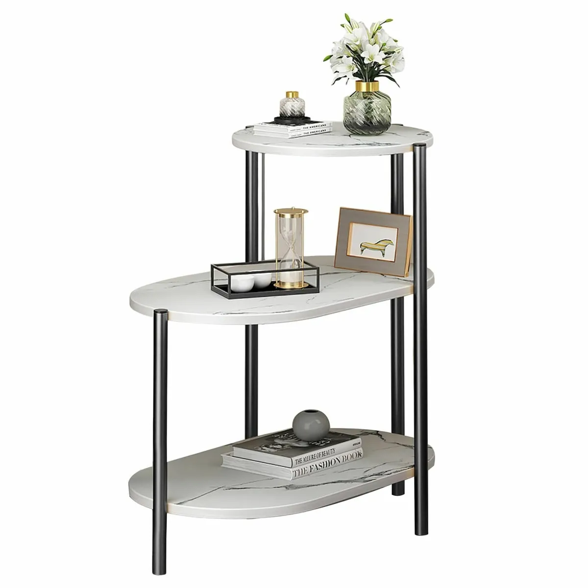 3 Tier End Table Marble Bedside with Storage - Image 1