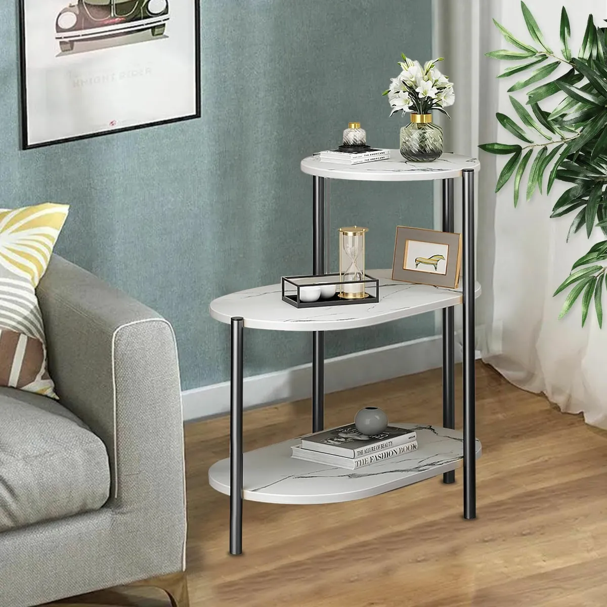 3 Tier End Table Marble Bedside with Storage - Image 2