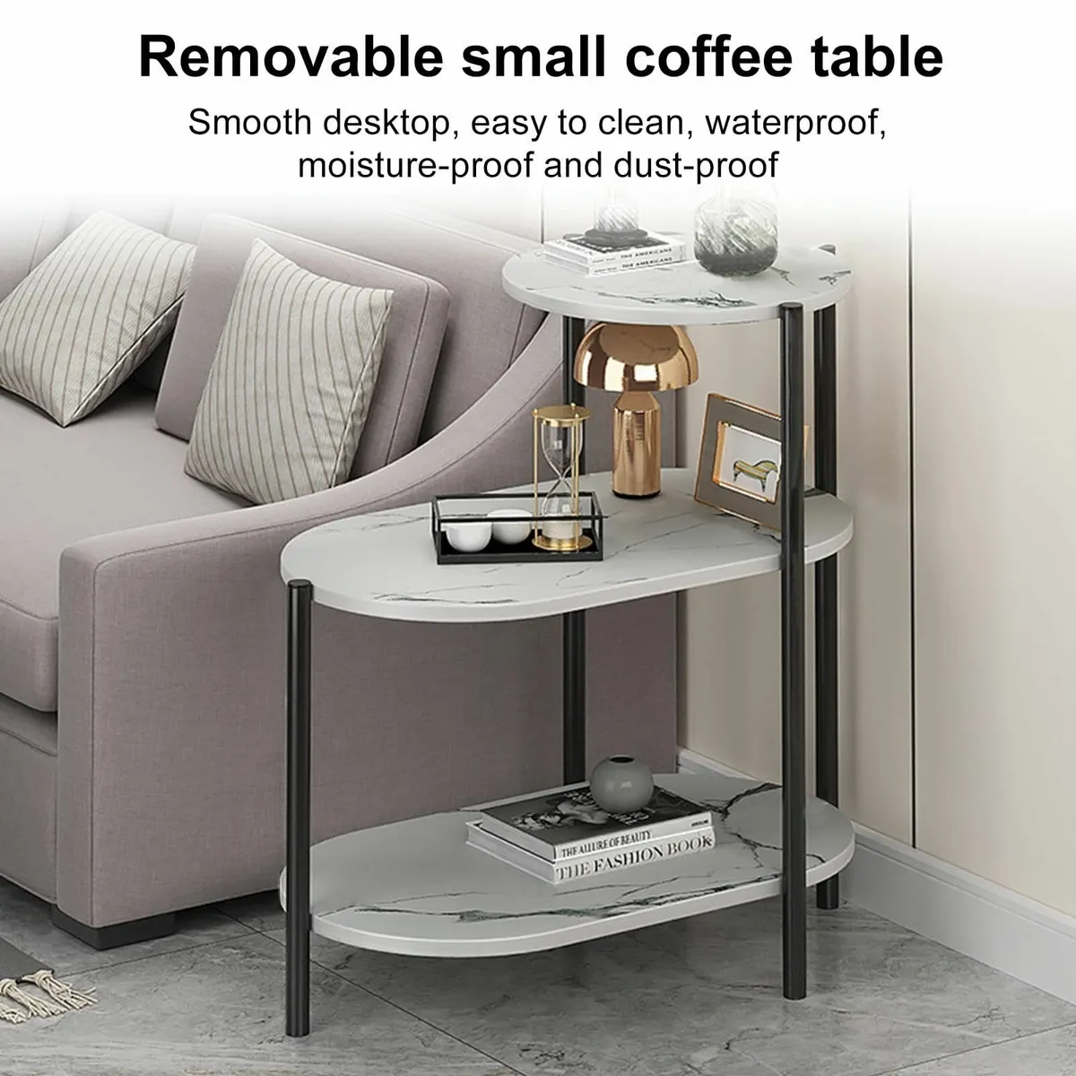 3 Tier End Table Marble Bedside with Storage - Image 4