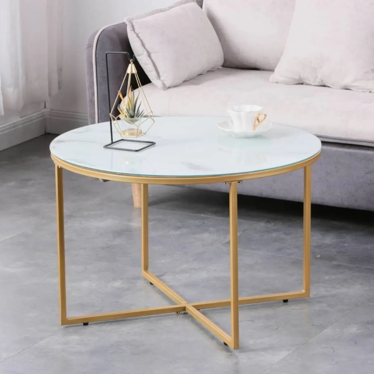 Marble Coffee Table Round Glass Living Room with - Image 1