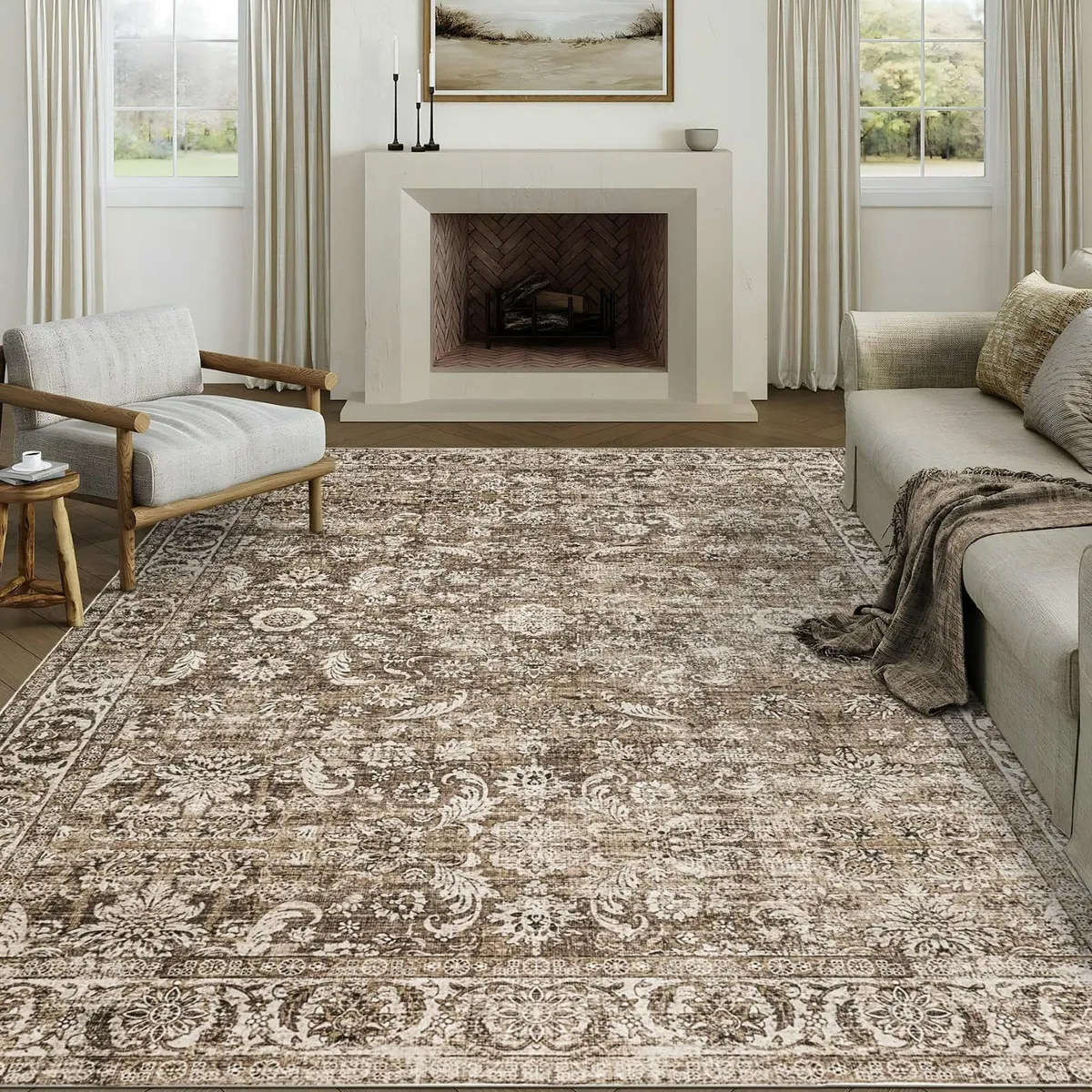 DAMAIA Washable Rugs Living Room Large Brown Boho - Image 1