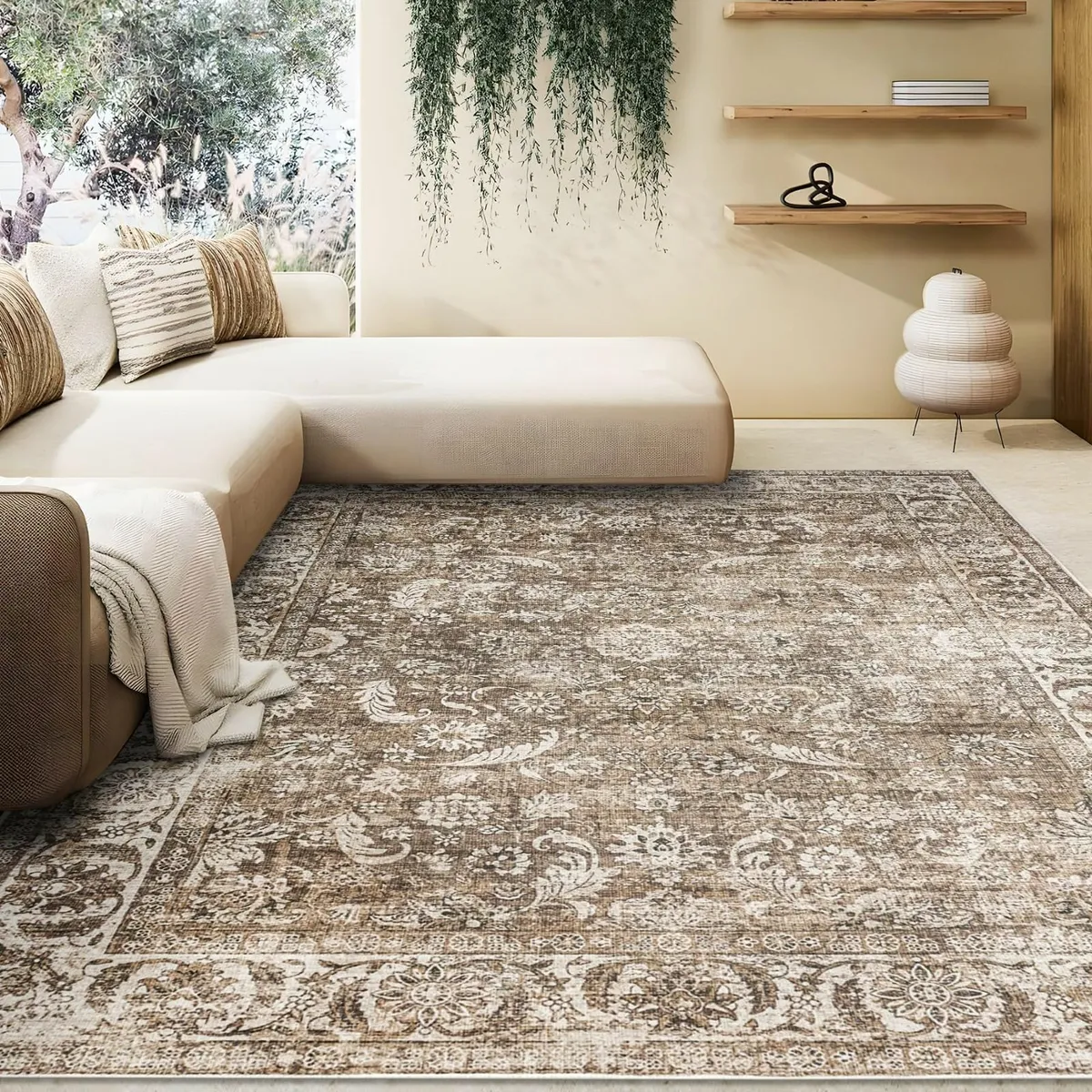 DAMAIA Washable Rugs Living Room Large Brown Boho - Image 3