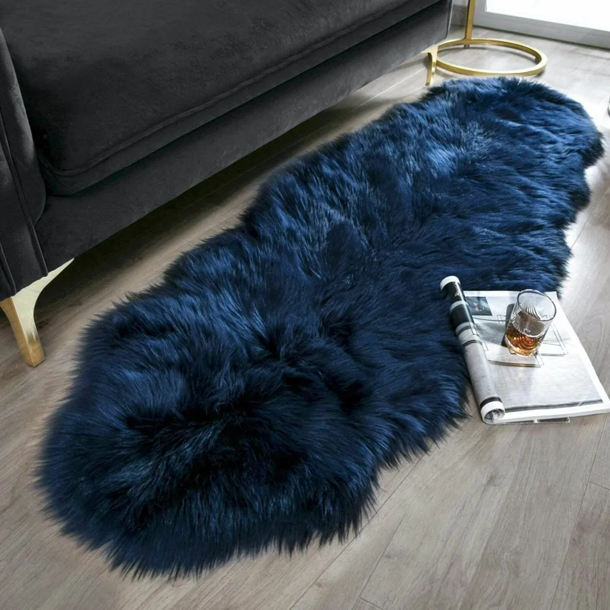 Ashler Faux Fur Area Rug - Dark Blue Fluffy - Image 1