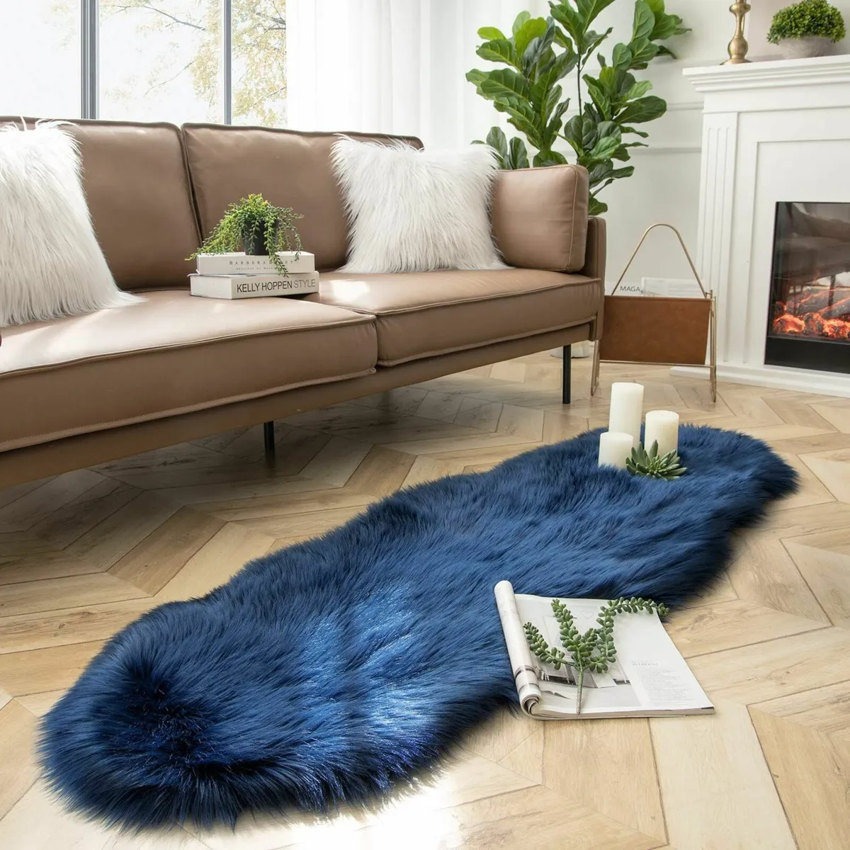 Ashler Faux Fur Area Rug - Dark Blue Fluffy - Image 3