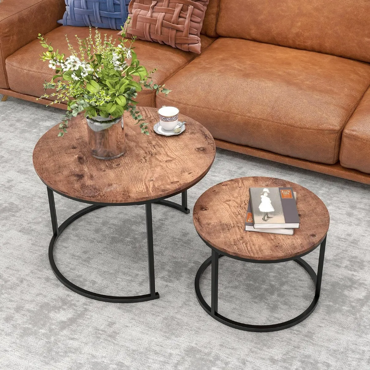 Round Nesting Coffee Table Set of 2 for Living - Image 2