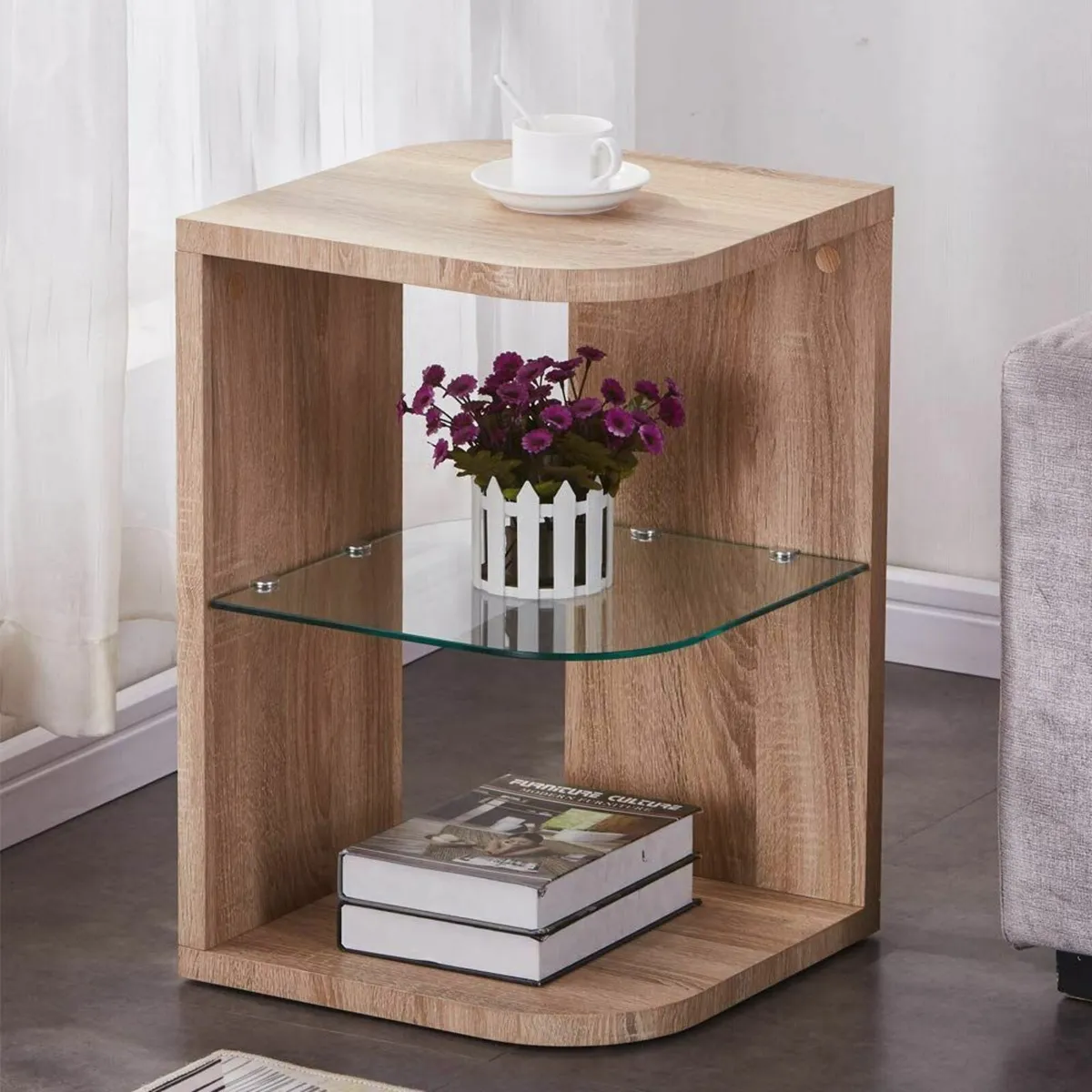 Glass Wood Side Table End Small Coffee Lamp Sofa - Image 1